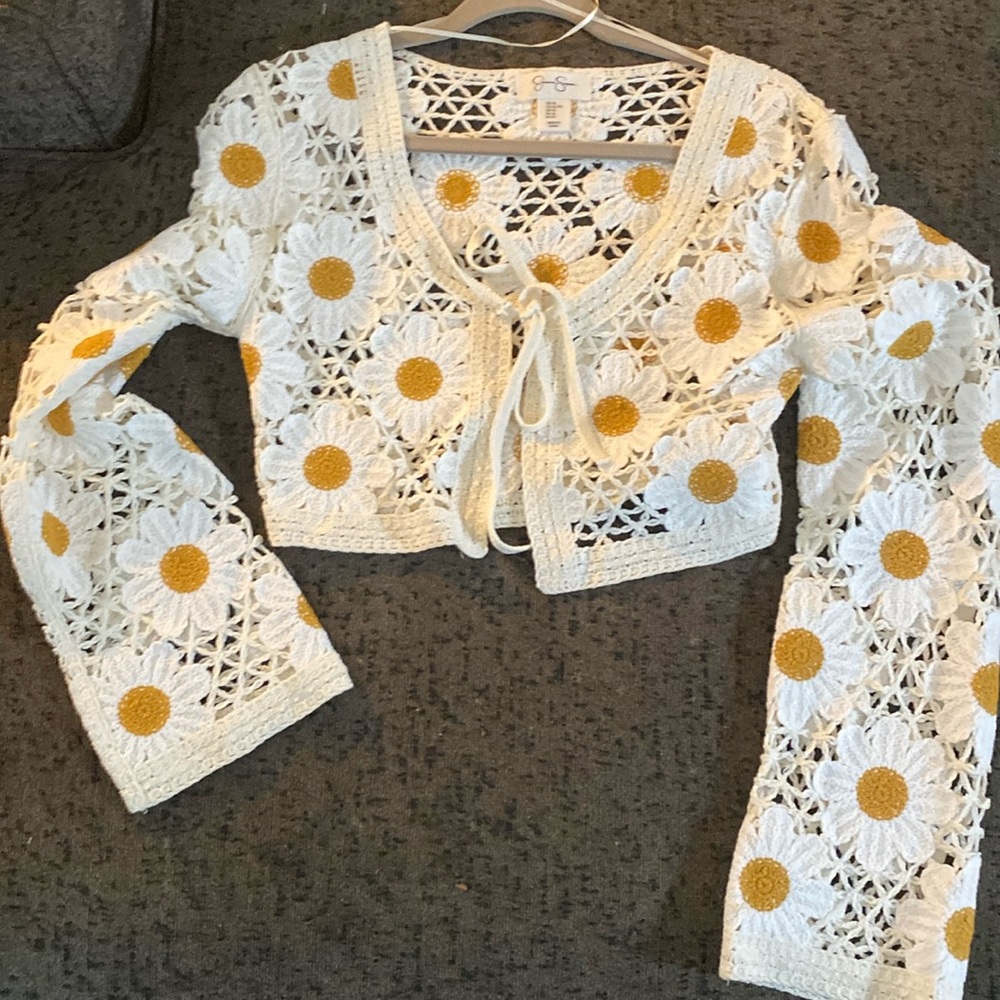 Jessica Simpson White and Yellow Crochet Cardigan
